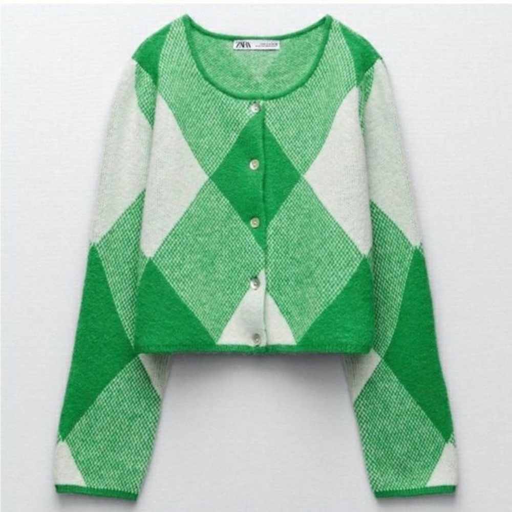 Zara Green Argyle Cardigan